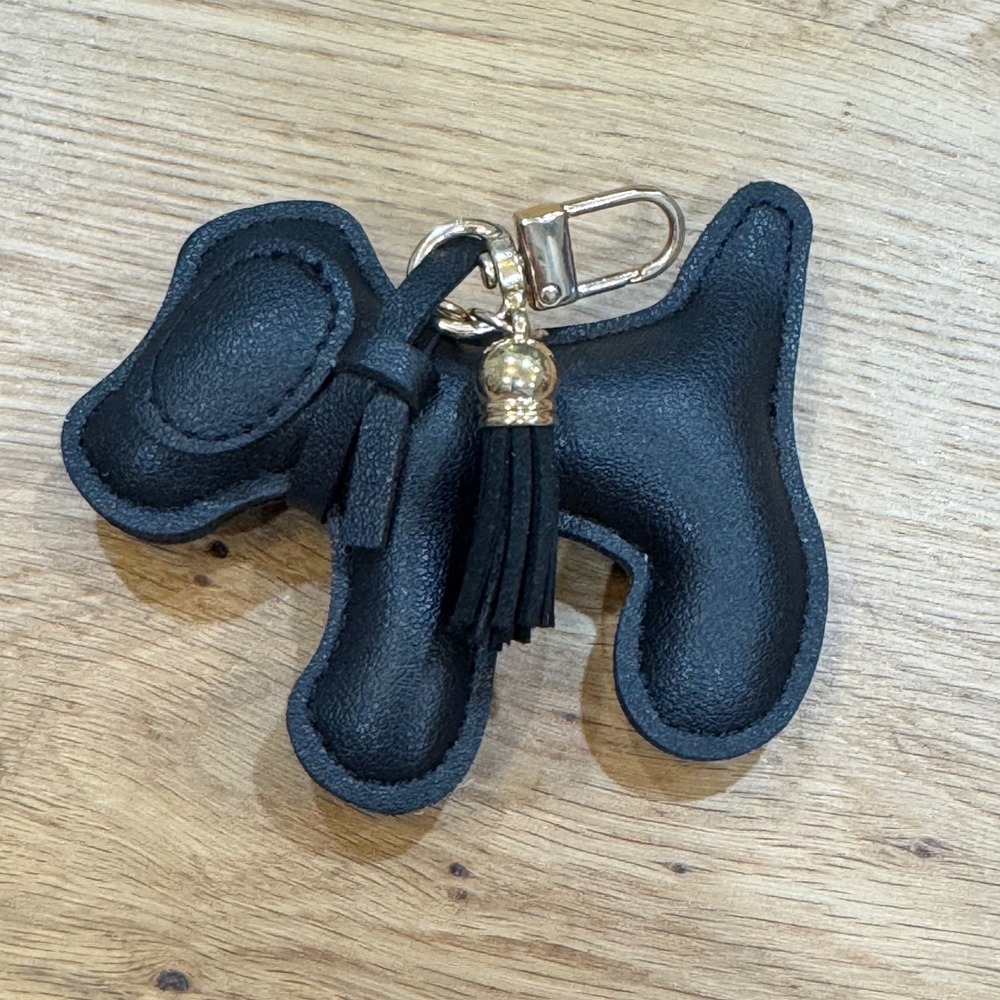 Black Faux Leather Scottie Dog Bag Charm Tassel Keychain Gold Tone Hardware